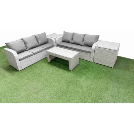 Fimous Outdoor Garden Furniture Sets 6 Seater Wicker Rattan Furniture Sofa Sets with Oblong Coffee Table high Back Lounge Sofa 2 Side Table Light Grey