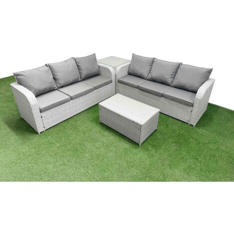 Fimous Outdoor Garden Furniture Sets 6 Seater Wicker Rattan Furniture Sofa Sets with Rectangular Coffee Table high Back Lounge Sofa Side Table Light Grey