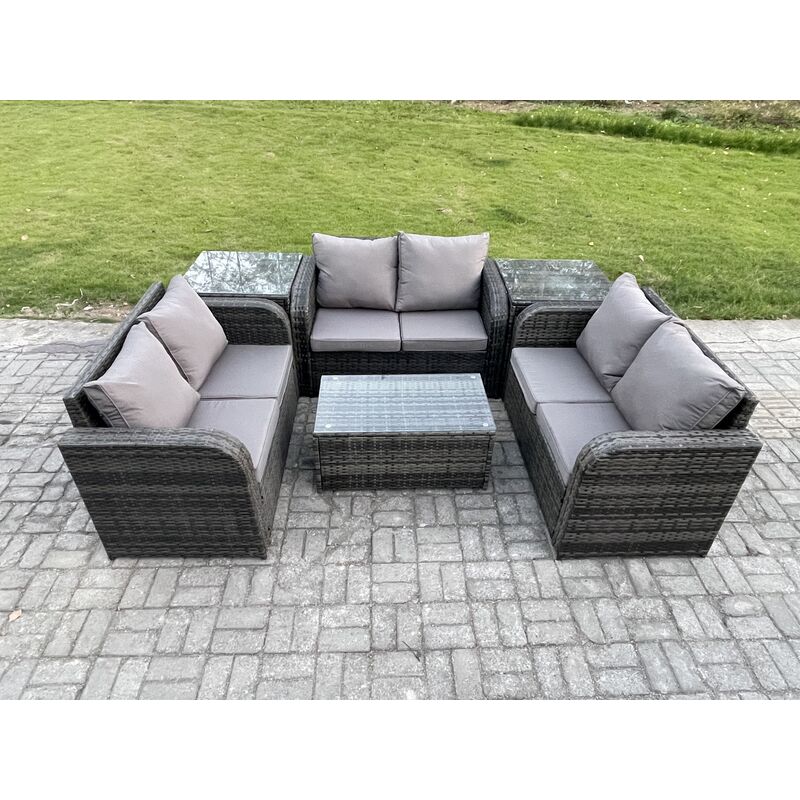 Fimous Outdoor Garden Furniture Sets 6 Seater Wicker Rattan Furniture Sofa Sets with Rectangular Coffee Table Love Sofa 2 Side Tables Dark Grey Mixed