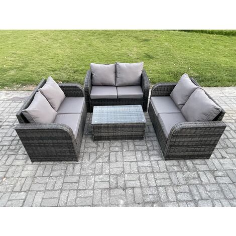 Fimous Outdoor Garden Furniture Sets 6 Seater Wicker Rattan Furniture Sofa Sets with Rectangular Coffee Table Love Sofa Dark Grey Mixed