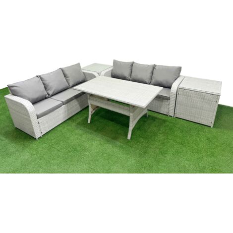Fimous Outdoor Garden Furniture Sets 6 Seater Wicker Rattan Furniture Sofa Sets with Rectangular Dining Table high Back Lounge Sofa 2 Side Table Light Grey