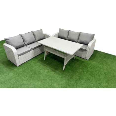 Fimous Outdoor Garden Furniture Sets 6 Seater Wicker Rattan Furniture Sofa Sets with Rectangular Dining Table high Back Lounge Sofa Light Grey
