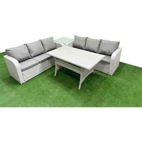 Fimous Outdoor Garden Furniture Sets 6 Seater Wicker Rattan Furniture Sofa Sets with Rectangular Dining Table high Back Lounge Sofa Side Table Light Grey