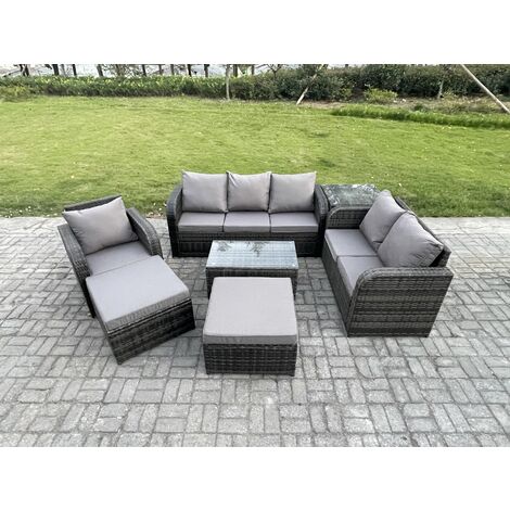 Fimous Outdoor Garden Furniture Sets 7 Pieces Wicker Rattan Furniture Sofa Sets with Rectangular Coffee Table Loveseat Sofa 2 Big Footstool Side Table