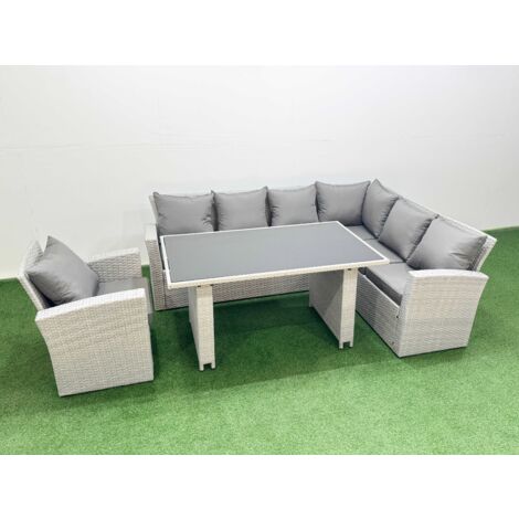 Fimous Outdoor Garden Furniture Sets 7 Seater Wicker Rattan Corner Sofa Sets with Rectangular Dining Table Lounge Sofa Armchair Light Grey
