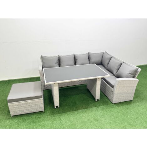 Fimous Outdoor Garden Furniture Sets 7 Seater Wicker Rattan Corner Sofa Sets with Rectangular Dining Table Lounge Sofa Big Footstool Light Grey