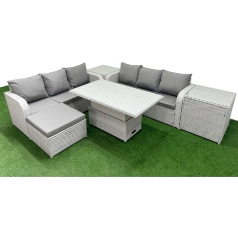 Fimous Outdoor Garden Furniture Sets 7 Seater Wicker Rattan Furniture Sofa Sets with Adjustable Lifting Dining or Coffee Table high Back Lounge Sofa Big Footstool 2 Side Table Light Grey