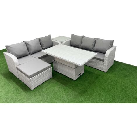 Fimous Outdoor Garden Furniture Sets 7 Seater Wicker Rattan Furniture Sofa Sets with Adjustable Lifting Dining or Coffee Table high Back Lounge Sofa Big Footstool Side Table Light Grey