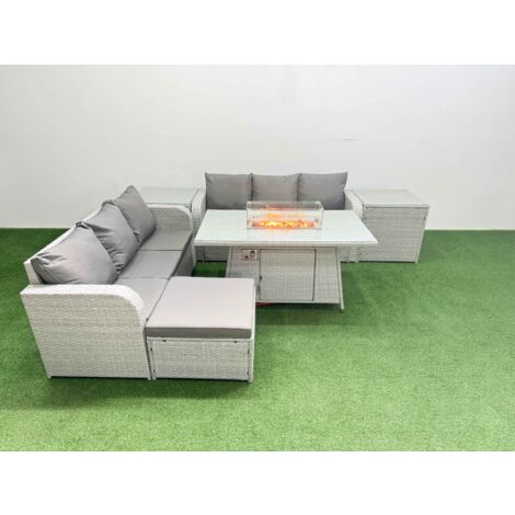 Fimous Outdoor Garden Furniture Sets 7 Seater Wicker Rattan Furniture Sofa Sets with Firepit Dining Table high Back Lounge Sofa Big Footstool 2 Side Table Light Grey
