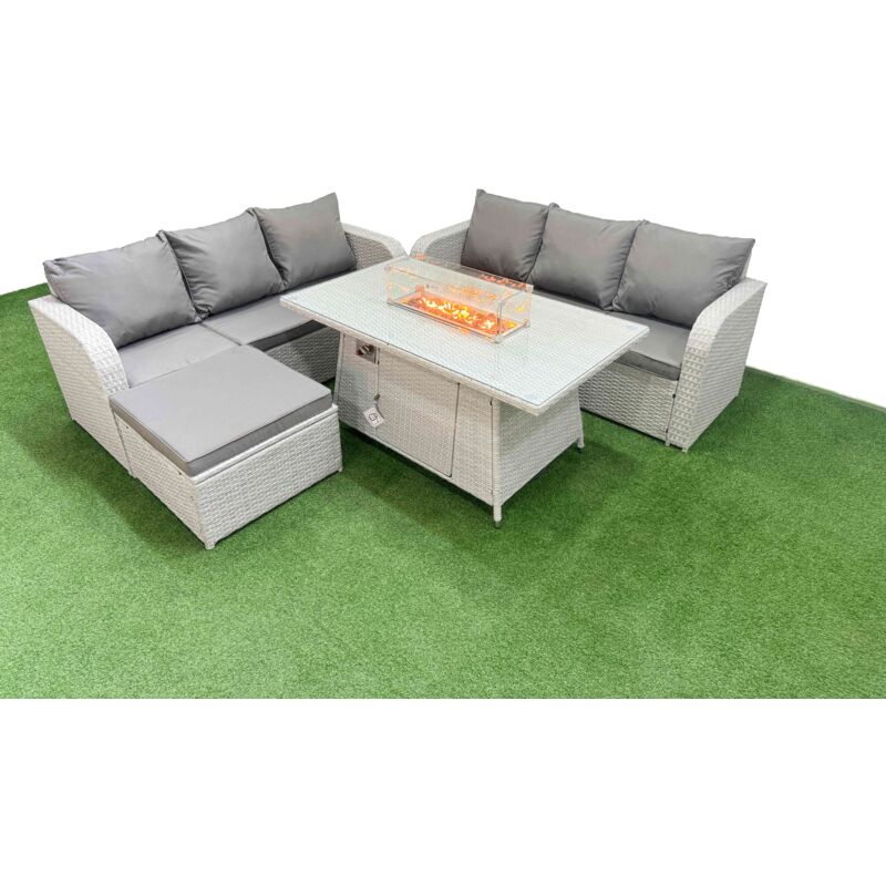 Outdoor Garden Furniture Sets 7 Seater Wicker Rattan Furniture Sofa Sets With Firepit Dining Table High Back Lounge Sofa Big Footstool Light Grey