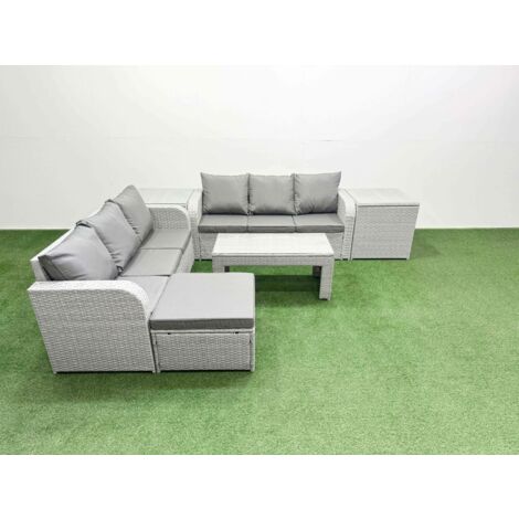 Fimous Outdoor Garden Furniture Sets 7 Seater Wicker Rattan Furniture Sofa Sets with Oblong Coffee Table high Back Lounge Sofa Big Footstool 2 Side Table Light Grey