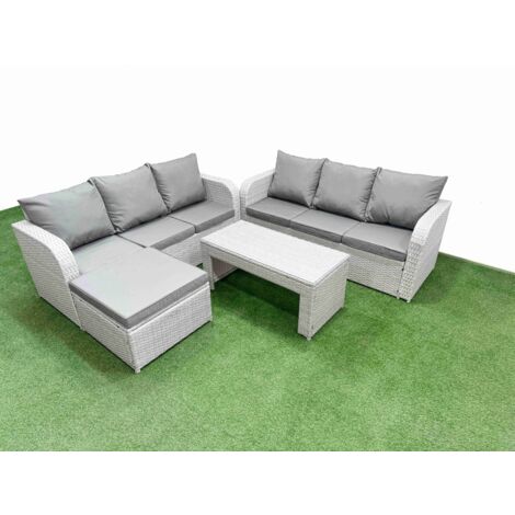 Fimous Outdoor Garden Furniture Sets 7 Seater Wicker Rattan Furniture Sofa Sets with Oblong Coffee Table high Back Lounge Sofa Big Footstool Light Grey