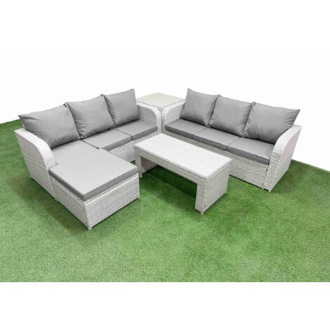 Fimous Outdoor Garden Furniture Sets 7 Seater Wicker Rattan Furniture Sofa Sets with Oblong Coffee Table high Back Lounge Sofa Big Footstool Side Table Light Grey