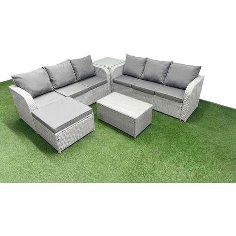 Fimous Outdoor Garden Furniture Sets 7 Seater Wicker Rattan Furniture Sofa Sets with Rectangular Coffee Table high Back Lounge Sofa Big Footstool Side Table Light Grey