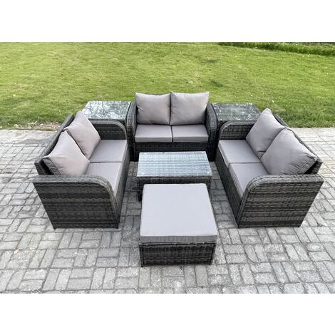 Fimous Outdoor Garden Furniture Sets 7 Seater Wicker Rattan Furniture Sofa Sets with Rectangular Coffee Table Love Sofa 2 Side Tables Big Footstool Dark Grey Mixed