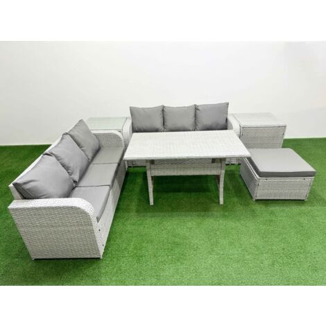 Fimous Outdoor Garden Furniture Sets 7 Seater Wicker Rattan Furniture Sofa Sets with Rectangular Dining Table high Back Lounge Sofa Big Footstool 2 Side Table Light Grey