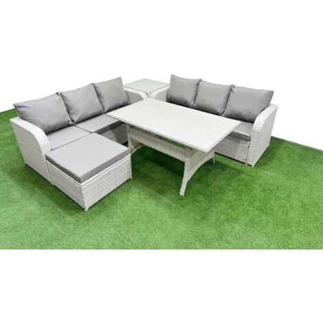 Fimous Outdoor Garden Furniture Sets 7 Seater Wicker Rattan Furniture Sofa Sets with Rectangular Dining Table high Back Lounge Sofa Big Footstool Side Table Light Grey