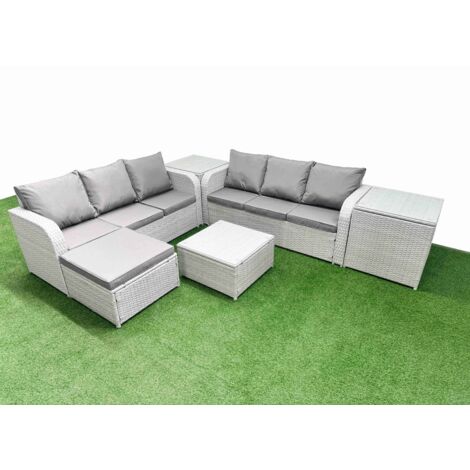 Fimous Outdoor Garden Furniture Sets 7 Seater Wicker Rattan Furniture Sofa Sets with Square Coffee Table high Back Lounge Sofa Big Footstool 2 Side Table Light Grey