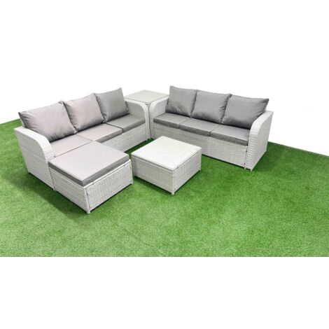 Fimous Outdoor Garden Furniture Sets 7 Seater Wicker Rattan Furniture Sofa Sets with Square Coffee Table high Back Lounge Sofa Big Footstool Side Table Light Grey