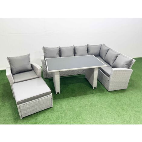 Fimous Outdoor Garden Furniture Sets 8 Seater Wicker Rattan Corner Sofa Sets with Rectangular Dining Table Lounge Sofa Big Footstool Armchair Light Grey