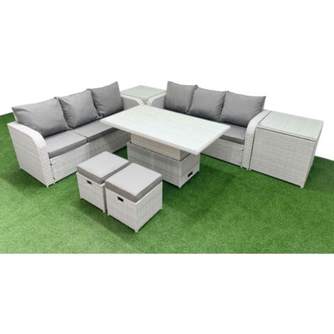 Fimous Outdoor Garden Furniture Sets 8 Seater Wicker Rattan Furniture Sofa Sets with Adjustable Lifting Dining or Coffee Table high Back Lounge Sofa Stools 2 Side Table Light Grey