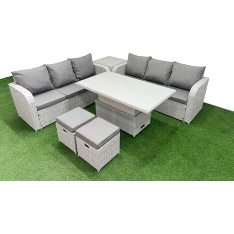 Fimous Outdoor Garden Furniture Sets 8 Seater Wicker Rattan Furniture Sofa Sets with Adjustable Lifting Dining or Coffee Table high Back Lounge Sofa Stools Side Table Light Grey