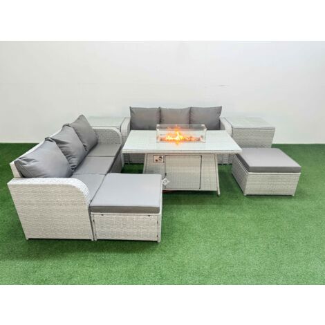 Fimous Outdoor Garden Furniture Sets 8 Seater Wicker Rattan Furniture Sofa Sets with Firepit Dining Table high Back Lounge Sofa 2 Big Footstool 2 Side Table Light Grey
