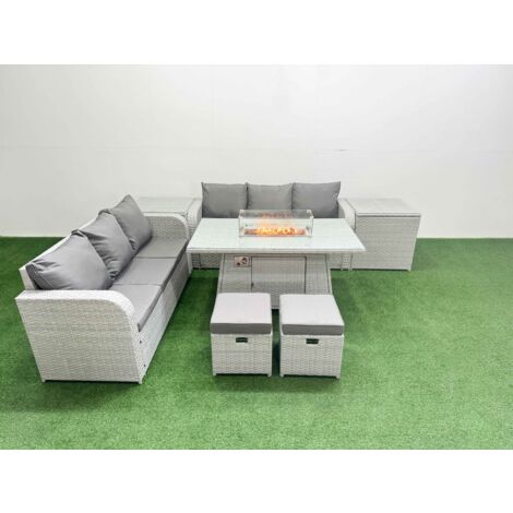 Fimous Outdoor Garden Furniture Sets 8 Seater Wicker Rattan Furniture Sofa Sets with Firepit Dining Table high Back Lounge Sofa Stools 2 Side Table Light Grey