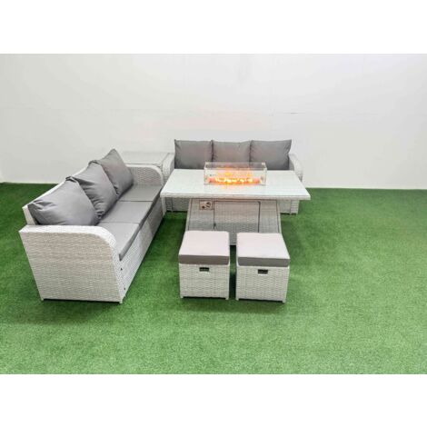 Fimous Outdoor Garden Furniture Sets 8 Seater Wicker Rattan Furniture Sofa Sets with Firepit Dining Table high Back Lounge Sofa Stools Side Table Light Grey