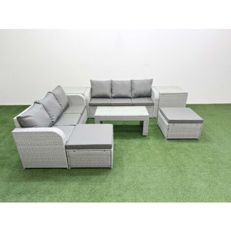 Fimous Outdoor Garden Furniture Sets 8 Seater Wicker Rattan Furniture Sofa Sets with Oblong Coffee Table high Back Lounge Sofa 2 Big Footstool 2 Side Table Light Grey