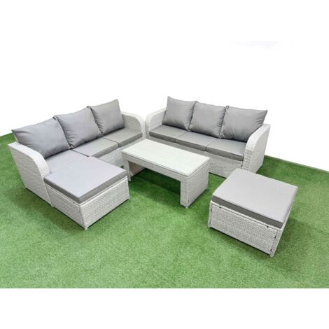Fimous Outdoor Garden Furniture Sets 8 Seater Wicker Rattan Furniture Sofa Sets with Oblong Coffee Table high Back Lounge Sofa 2 Big Footstool Light Grey
