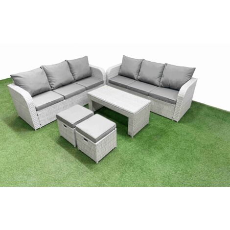 Fimous Outdoor Garden Furniture Sets 8 Seater Wicker Rattan Furniture Sofa Sets with Oblong Coffee Table high Back Lounge Sofa Stools Light Grey