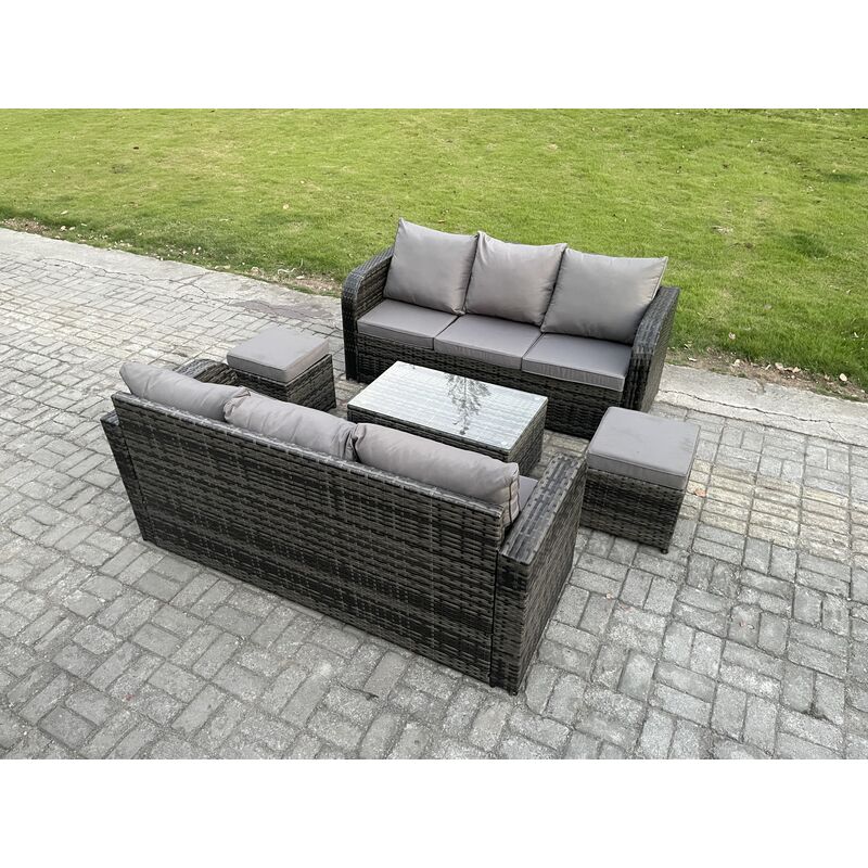 Outdoor Garden Furniture Sets 8 Seater Wicker Rattan Furniture Sofa Sets with Rectangular Coffee Table 3 Seater Sofa 2 Small Footstools Dark Grey
