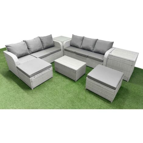Fimous Outdoor Garden Furniture Sets 8 Seater Wicker Rattan Furniture Sofa Sets with Rectangular Coffee Table high Back Lounge Sofa 2 Big Footstool 2 Side Table Light Grey