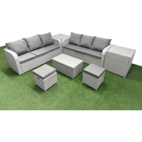 Fimous Outdoor Garden Furniture Sets 8 Seater Wicker Rattan Furniture Sofa Sets with Rectangular Coffee Table high Back Lounge Sofa Stools 2 Side Table Light Grey