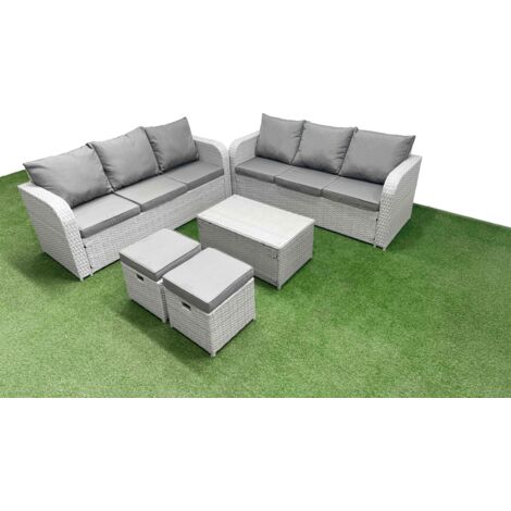 Fimous Outdoor Garden Furniture Sets 8 Seater Wicker Rattan Furniture Sofa Sets with Rectangular Coffee Table high Back Lounge Sofa Stools Light Grey