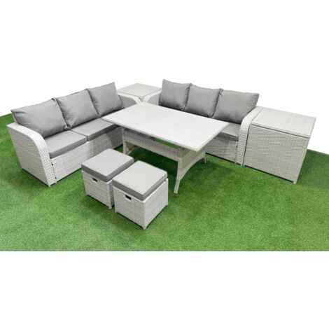 Fimous Outdoor Garden Furniture Sets 8 Seater Wicker Rattan Furniture Sofa Sets with Rectangular Dining Table high Back Lounge Sofa Stools 2 Side Table Light Grey