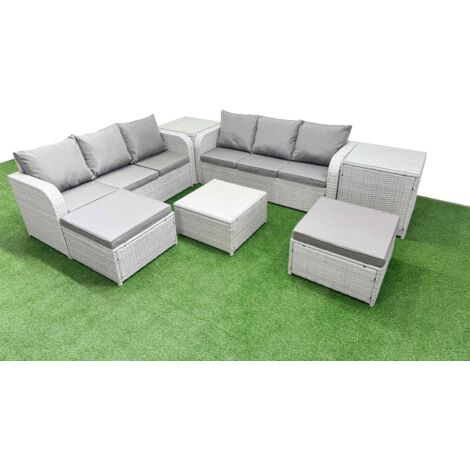 Fimous Outdoor Garden Furniture Sets 8 Seater Wicker Rattan Furniture Sofa Sets with Square Coffee Table high Back Lounge Sofa 2 Big Footstool 2 Side Table Light Grey