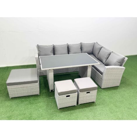 Fimous Outdoor Garden Furniture Sets 9 Seater Wicker Rattan Corner Sofa Sets with Rectangular Dining Table Lounge Sofa 3 Footstools Light Grey