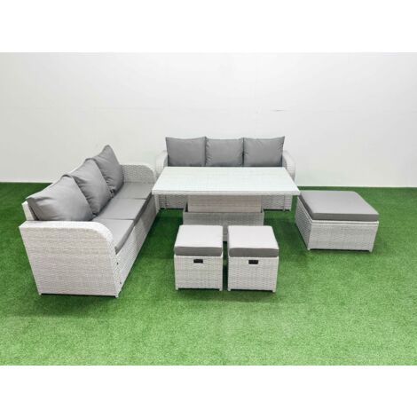 Fimous Outdoor Garden Furniture Sets 9 Seater Wicker Rattan Furniture Sofa Sets with Adjustable Lifting Dining or Coffee Table high Back Lounge Sofa 3 Stools Light Grey