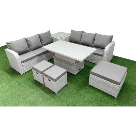 Fimous Outdoor Garden Furniture Sets 9 Seater Wicker Rattan Furniture Sofa Sets with Adjustable Lifting Dining or Coffee Table high Back Lounge Sofa 3 Stools Side Table Light Grey