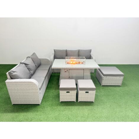 Fimous Outdoor Garden Furniture Sets 9 Seater Wicker Rattan Furniture Sofa Sets with Firepit Dining Table high Back Lounge Sofa 3 Stools Light Grey