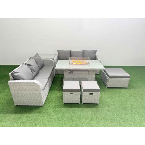 Fimous Outdoor Garden Furniture Sets 9 Seater Wicker Rattan Furniture Sofa Sets with Firepit Dining Table high Back Lounge Sofa 3 Stools Side Table Light Grey