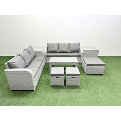Fimous Outdoor Garden Furniture Sets 9 Seater Wicker Rattan Furniture Sofa Sets with Oblong Coffee Table high Back Lounge Sofa 3 Stools 2 Side Table Light Grey