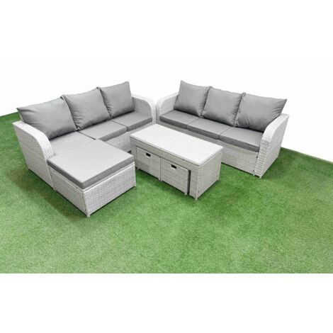 Fimous Outdoor Garden Furniture Sets 9 Seater Wicker Rattan Furniture Sofa Sets with Oblong Coffee Table high Back Lounge Sofa 3 Stools Light Grey