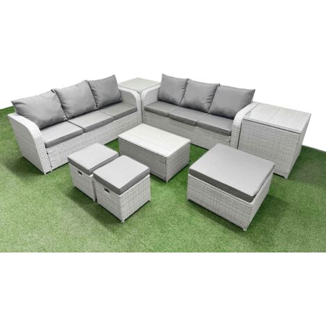 Fimous Outdoor Garden Furniture Sets 9 Seater Wicker Rattan Furniture Sofa Sets with Rectangular Coffee Table high Back Lounge Sofa 3 Stools 2 Side Table Light Grey