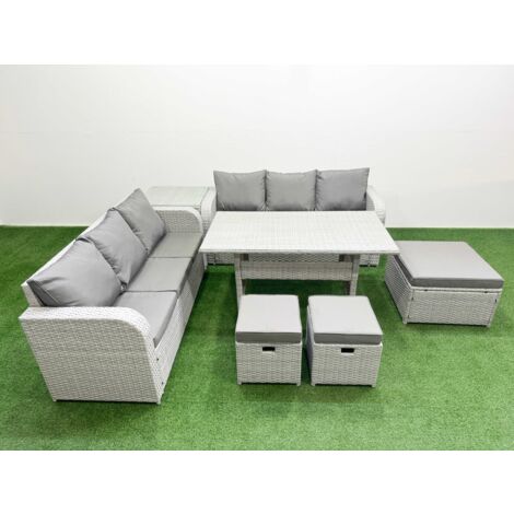 Fimous Outdoor Garden Furniture Sets 9 Seater Wicker Rattan Furniture Sofa Sets with Rectangular Dining Table high Back Lounge Sofa 3 Stools Side Table Light Grey