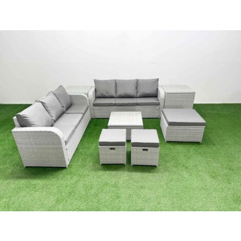 Fimous Outdoor Garden Furniture Sets 9 Seater Wicker Rattan Furniture Sofa Sets with Square Coffee Table high Back Lounge Sofa 3 Stools 2 Side Table Light Grey