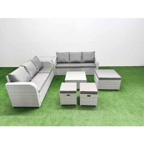 Fimous Outdoor Garden Furniture Sets 9 Seater Wicker Rattan Furniture Sofa Sets with Square Coffee Table high Back Lounge Sofa 3 Stools Side Table Light Grey