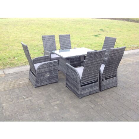 Fimous Outdoor Garden Furniture Table And Chair Set Oblong Rectangular Table Adjustable Reclining Chair Rattan Dining Set Mixed Grey 6 Chairs